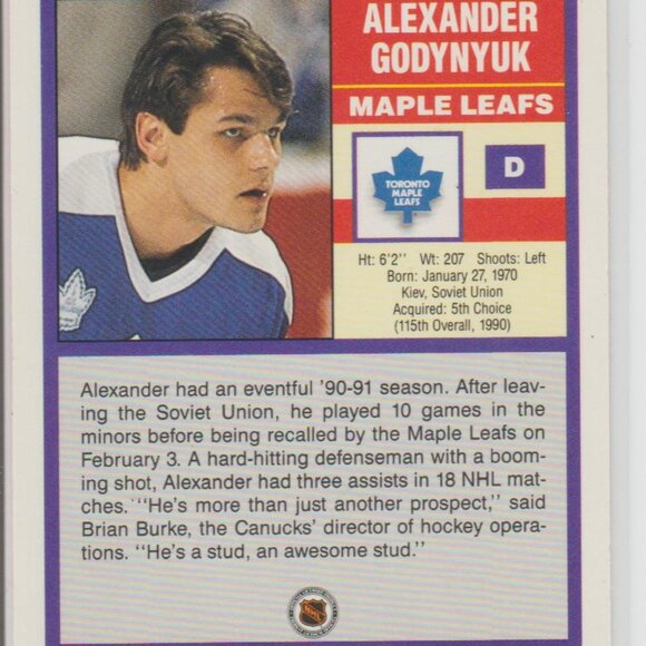 Alexander Godynyuk 1991-92 Score Top Prospect Rookie #281 Toronto Maple Leafs - Picture 2 of 2